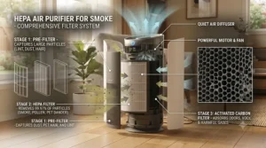 Illustration of an air purifier for smoke circulating clean air through a room.