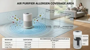 Graphic showing recommended room coverage for an air purifier for allergies.