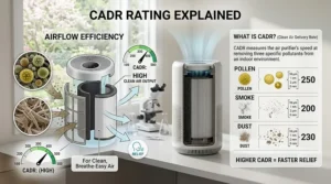 Infographic explaining Clean Air Delivery Rate (CADR) for choosing an air purifier for allergies.