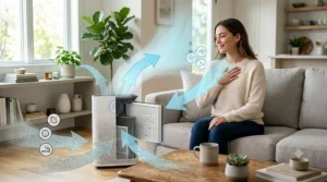 Diagram showing how an air purifier circulates and cleans air in a bedroom to reduce asthma triggers.
