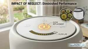 Close-up of an air purifier control panel showing a filter replacement light for better maintenance.