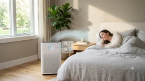 An air purifier placed in a bedroom, creating a safe environment for someone with asthma to sleep.