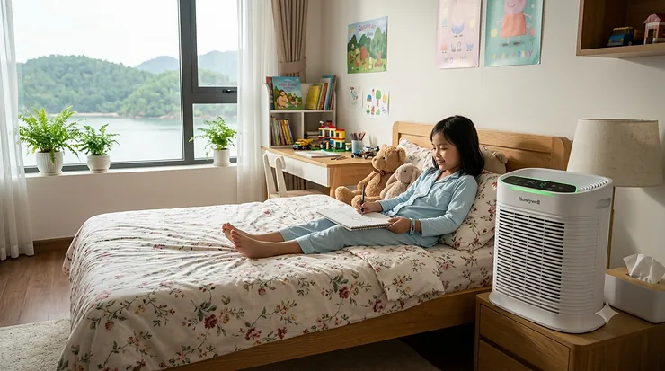 A high-efficiency air purifier running quietly in a child’s bedroom to help improve air quality for an asthmatic child. air purifier for asthmatic child