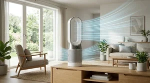 A portable air purifier for dust mite allergy placed near a bed to reduce nighttime symptoms.