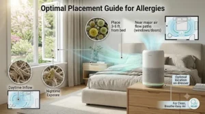 Layout illustration showing the optimal placement of an air purifier for allergies in a bedroom.