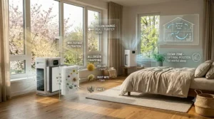 Recommended placement of an air purifier for seasonal allergies in a bedroom for optimal airflow and filtration.