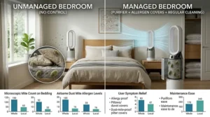 Infographic helping users select the right air purifier for dust mite allergy based on square footage.