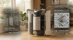Close-up diagram showing HEPA filter layers trapping smoke particles.