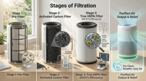Diagram illustrating the three stages of filtration in an air purifier for allergies.