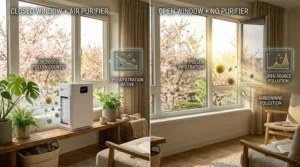 Comparison graphic showing indoor air quality with an air purifier for seasonal allergies versus outdoor pollen infiltration.