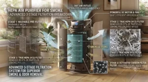 Visual representation of air quality improvement using an air purifier for smoke.