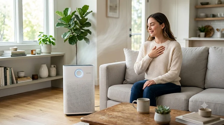 A modern air purifier running in a clean living room to help manage asthma symptoms and improve indoor air quality.