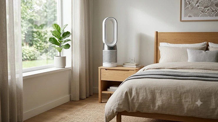 A high-efficiency HEPA air purifier for dust mite allergy running in a bright, clean bedroom.