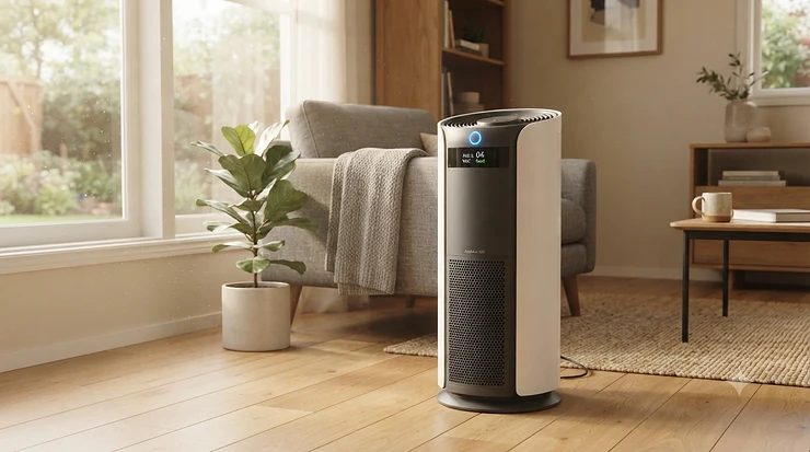 A modern air purifier for smoke operating efficiently in a living room to remove odors and particles.