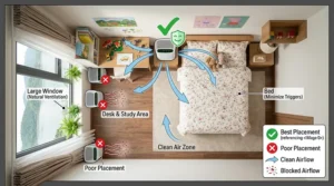 A room layout diagram illustrating optimal air purifier placement in a child's bedroom to maximize airflow and effectiveness in reducing asthma triggers.
