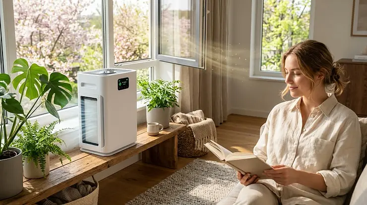 A modern air purifier for seasonal allergies running in a bright living room to capture pollen and dust.