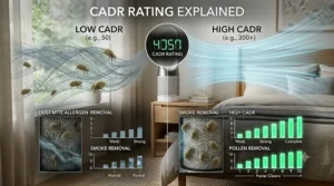 A chart comparing CADR ratings for choosing an effective air purifier for dust mite allergy.
