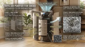 Cross-section view of an activated carbon filter inside an air purifier for smoke.