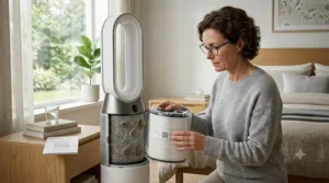 A person replacing a clean HEPA filter in an air purifier for dust mite allergy maintenance.