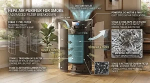 Step-by-step illustration for cleaning an air purifier for smoke filters.