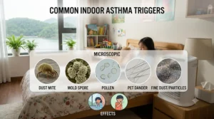 A clear visual guide identifying common indoor asthma triggers like dust mites, pet dander, and pollen, and explaining how an air purifier helps mitigate exposure.