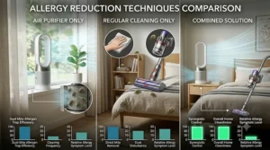 A combination of an air purifier for dust mite allergy and allergen-proof bedding in a bedroom.