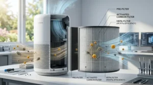 Cross-section diagram showing HEPA filter technology removing pollen and dander from air.