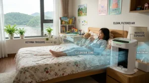 An infographic illustration demonstrating the process of an air purifier removing common indoor allergens like dust and pet dander, promoting healthier breathing for a child with asthma.