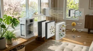 Diagram showing how HEPA filters in an air purifier for seasonal allergies trap microscopic pollen and dander.