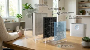 Illustration of a multi-stage filtration system including pre-filters and carbon filters for asthma-friendly homes.