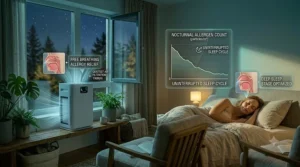 Illustration showing a silent air purifier for seasonal allergies operating at night in a peaceful sleeping environment.