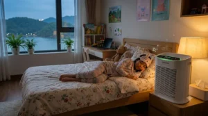 A peaceful illustration showing a sleeping child in a room with a running air purifier, emphasizing its whisper-quiet operation and suitability for nighttime use.