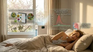 Illustration of improved sleep and breathing quality when using a high-quality air purifier for seasonal allergies.