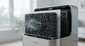 Detailed view of a honeycomb-structured activated carbon filter absorbing smoke gases and particles.