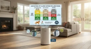An infographic illustrating CADR ratings for an air purifier for dog allergies in large family rooms.