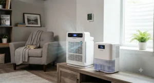 An air purifier and a dehumidifier working together in a finished basement to prevent mold growth.