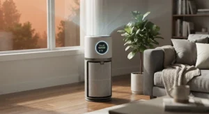A modern air purifier operating in a living room, displaying a "Good" air quality reading on its digital interface.