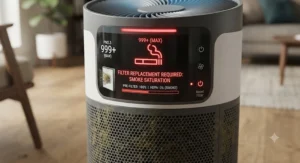 Iconography showing when to replace air purifier filters used for cigarette smoke.