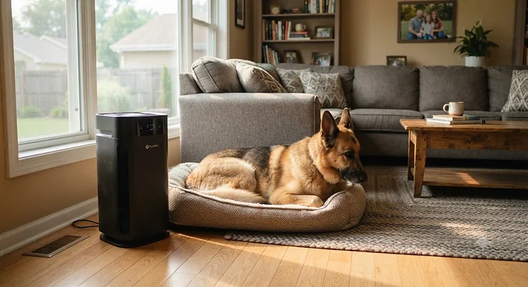 An air purifier for large dogs running quietly in a cozy American living room next to a German Shepherd.