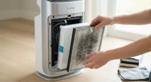 A person’s hands removing a dirty, smoke-saturated filter from an air purifier to replace it with a new one.