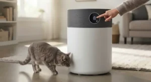 A large room air purifier showing a child lock and pet-safe exterior design for homes with cats.