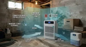 Diagram showing optimal placement of an air purifier in a corner of a damp basement.