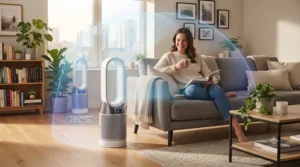 Illustration showing the optimal placement of an air purifier in a small apartment.