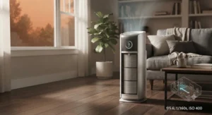 An air purifier positioned in a living room, with an overlay diagram showing optimal placement for air circulation.