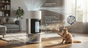 Technical diagram showing how an air purifier pulls cat hair and dander from the air in a large room.