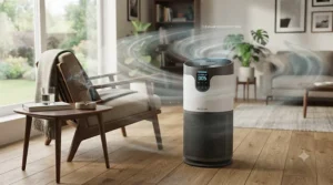 Diagram demonstrating how an air purifier circulates air to remove cigarette smoke.