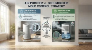 Comparison chart illustrating how an air purifier for mold and a dehumidifier work together in a home.