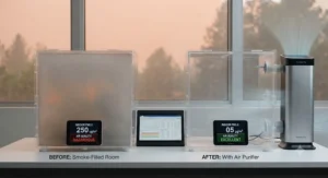 A comparative experiment showing a smoke-filled container before and after using an air purifier to achieve clean air.