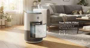 Portable air purifier for cat allergies featuring a True HEPA filter designed to remove pet dander.