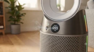 Close-up of an air quality monitor on a purifier detecting smoke and cigarette residue.